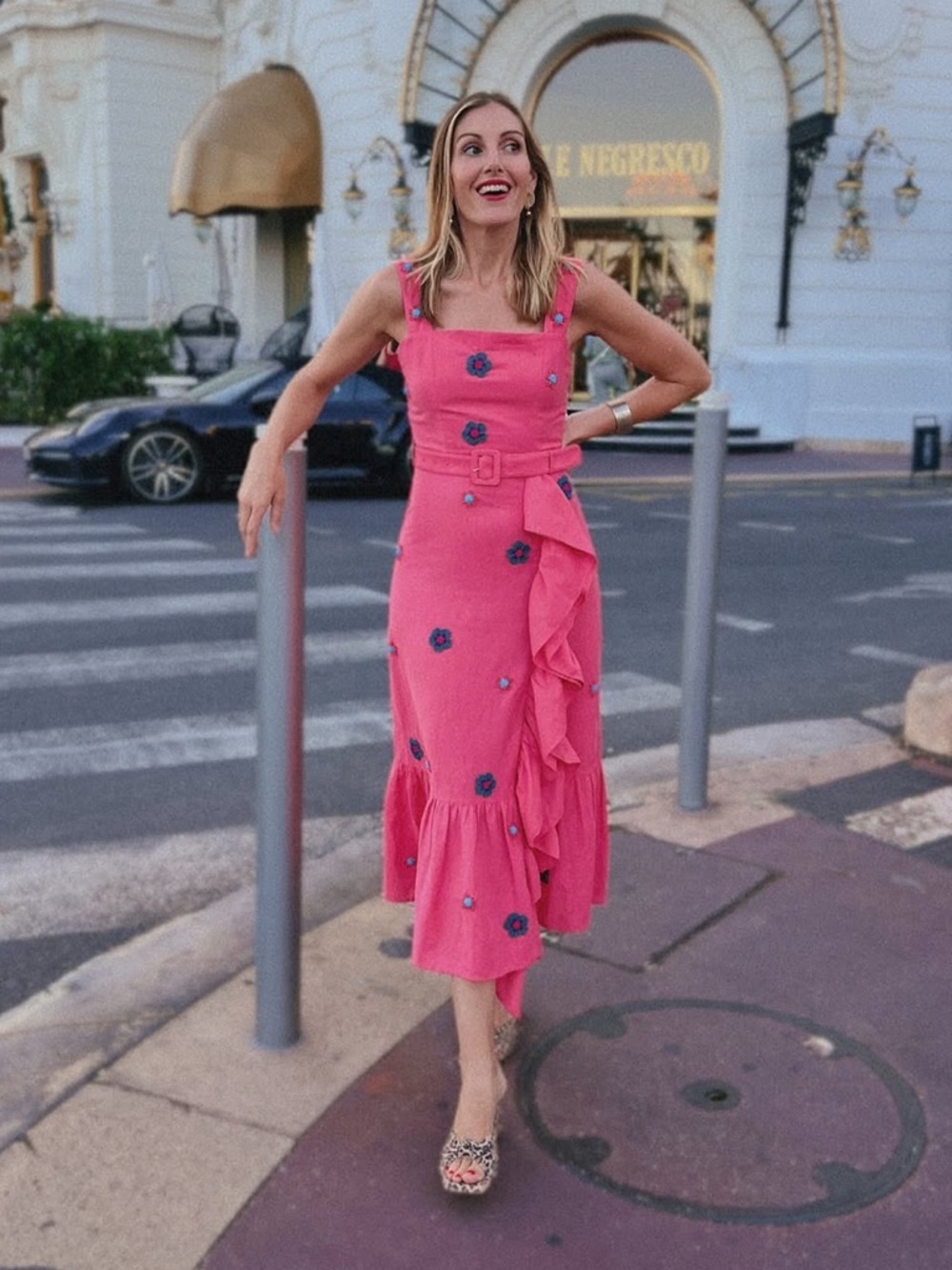 Eddy Cotton Linen Pink Ruffled Dress with Floral Embroidery